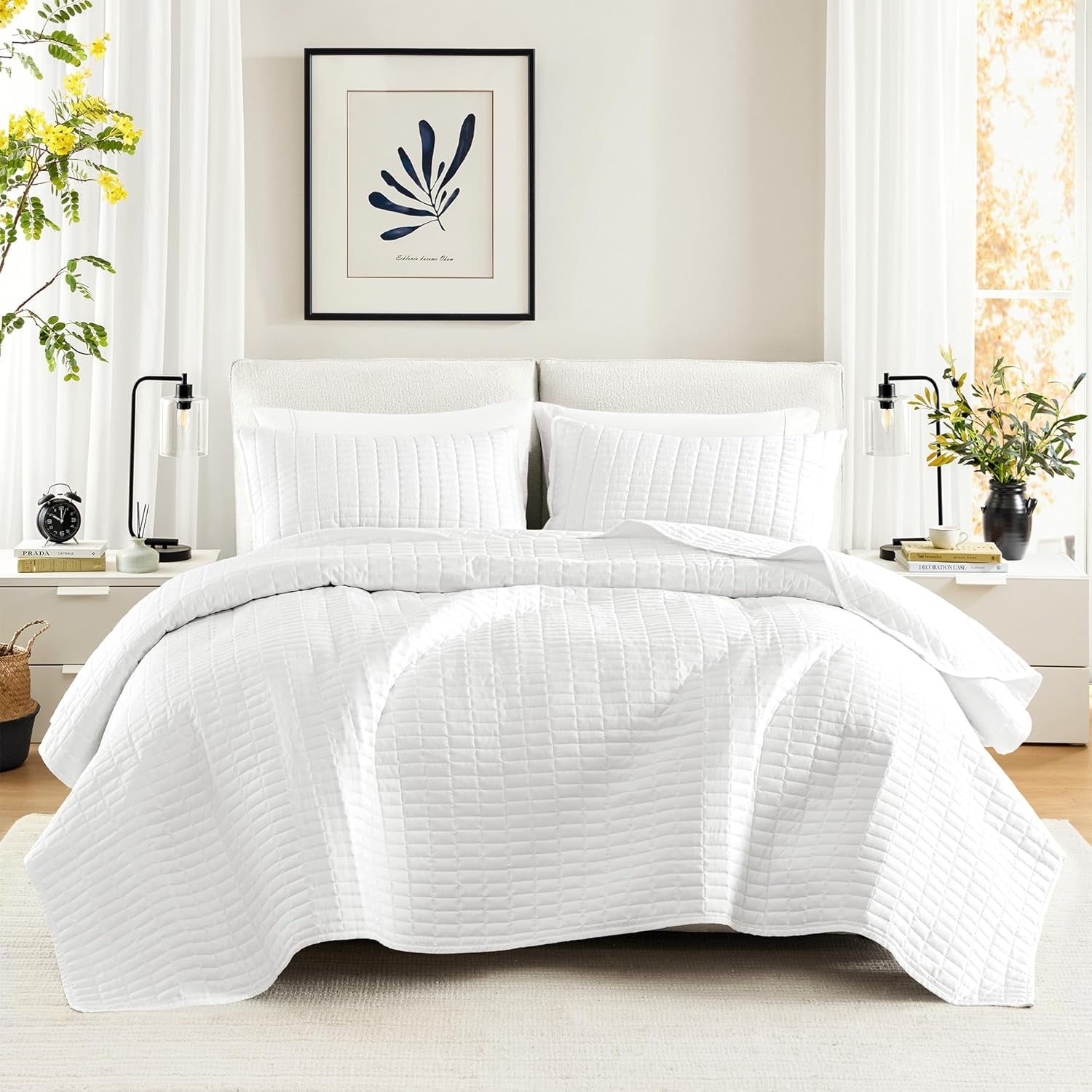 Comfort Spaces Kienna Juego de edredón de lujo con doble costura, manta de verano, ligero, suave, ropa de cama para todo el año, funda de almohada a juego, blanco, manta para camas king size (264,2 x 228,6 cm), Naty Shop Quilts & Quilts Garden White/Opulent Quilt King/Cal King(104"X90")