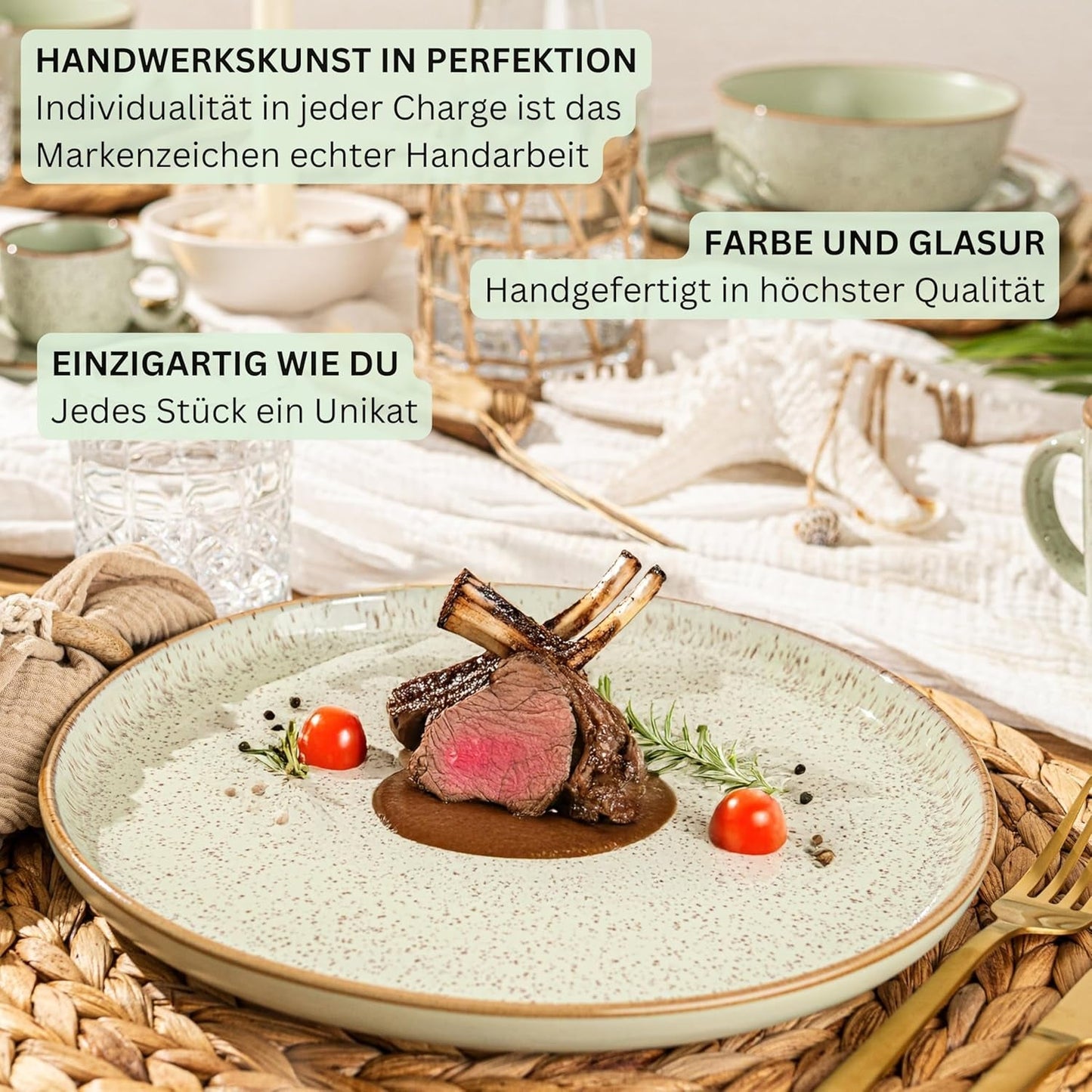 SÄNGER Río Casa de la Moneda | Juego de Vajilla de Gres para 6, 6 Platos, 6 Platos de Postre, 6 Cuencos, Verde Menta | LA COLECCIÓN DE VALOR