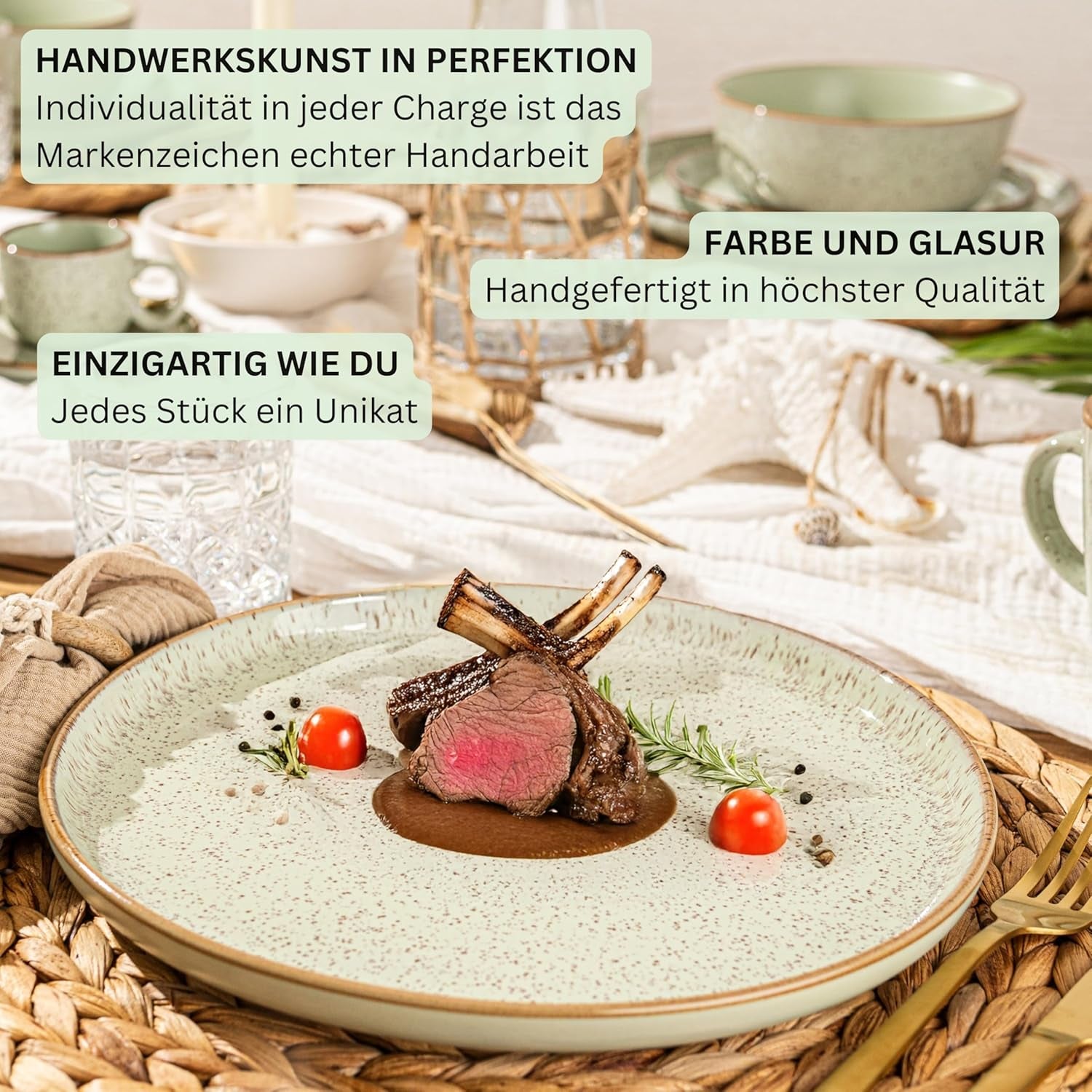SÄNGER Río Casa de la Moneda | Juego de Vajilla de Gres para 6, 6 Platos, 6 Platos de Postre, 6 Cuencos, Verde Menta | LA COLECCIÓN DE VALOR