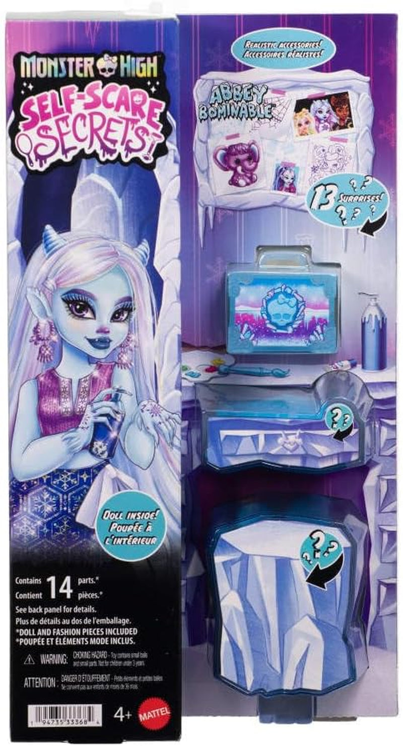 Monster High Self-Scare Secrets Abbey Bominable Juego de muñeca y accesorios con 13 sorpresas realistas como henna, dibujos y crochet JHK44