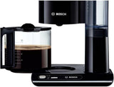 Bosch Styline TKA8013 Cafetera espresso con filtro, sensor de aroma, jarra de cristal preservadora de aroma de 1,25 l, 10-15 tazas, apagado automático, sistema descalcificador, sistema antigoteo, soporte de filtro giratorio, 1160 W, negro