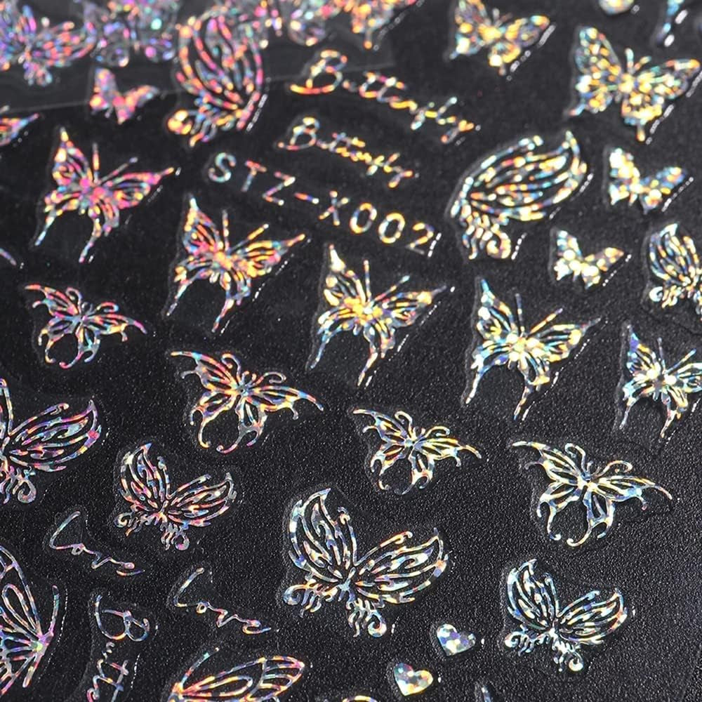 6 Blatt Schmetterling Nagelsticker Selbstklebend Laser Silber Schmetterlings Nagelaufkleber 3D Aurora Silber Schwarz Schmetterlinge Nagel Pegatinas Frühling Nageldesign Nail Sticker Nail Art Zubehör