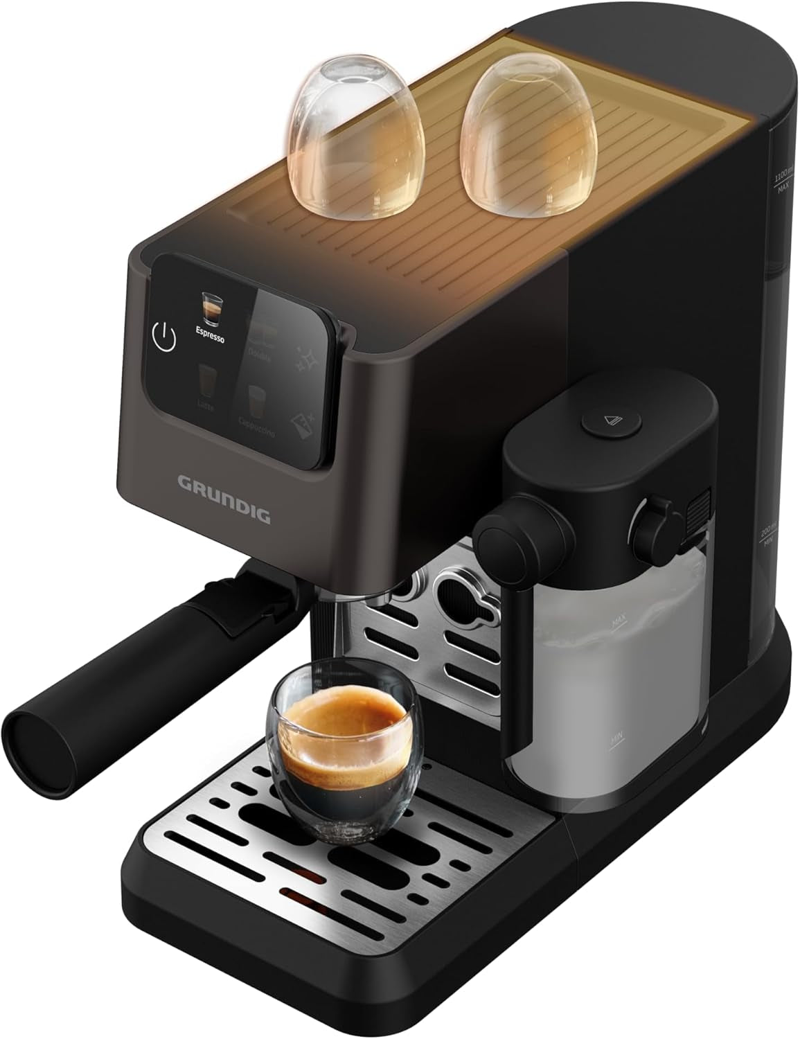Cafetera espresso con portafiltro GRUNDIG KSM 5330 con depósito de leche integrado, potencia 1628 W, presión de bomba 15 bar, doble boquilla, pantalla táctil a color, BrewSense, CreamyPro, Acero inoxidable oscuro/Negro