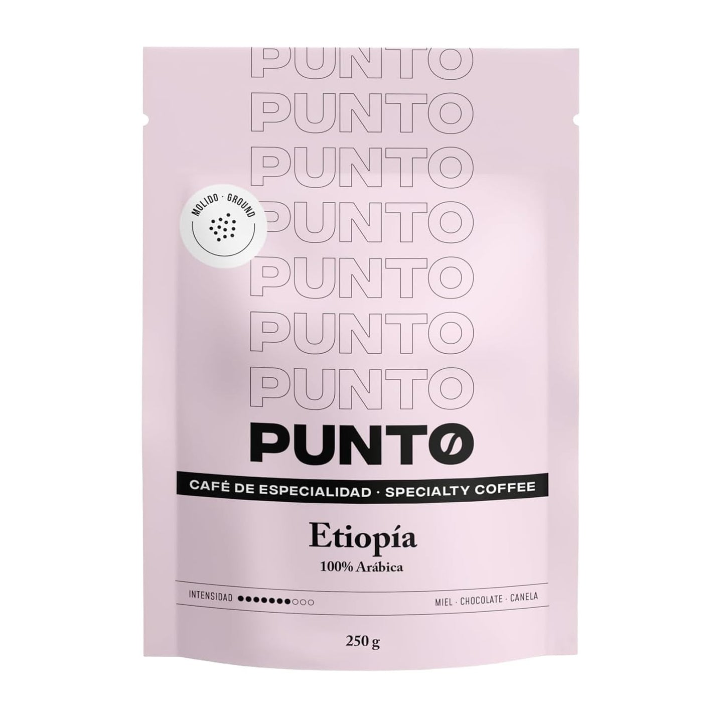 – Café etíope molido – 250 g – Café especial – Tueste medio – 100% Arábica – Notas de miel, canela y chocolate – Acidez intensa – Cuerpo medio