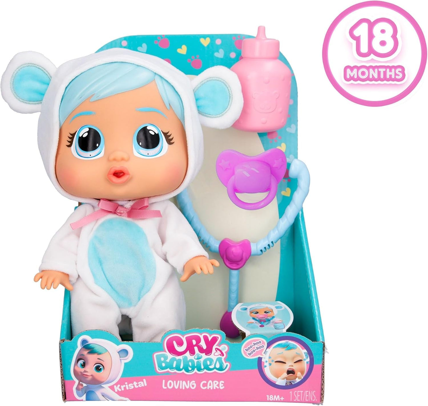 Cry Babies Loving Care Kristal Doll, Kristal Loving Care Baby Doll con 3 accesorios para jugar al doctor, cuidados de enfermería, llorar con lágrimas reales, juguete para bebé de 18 meses