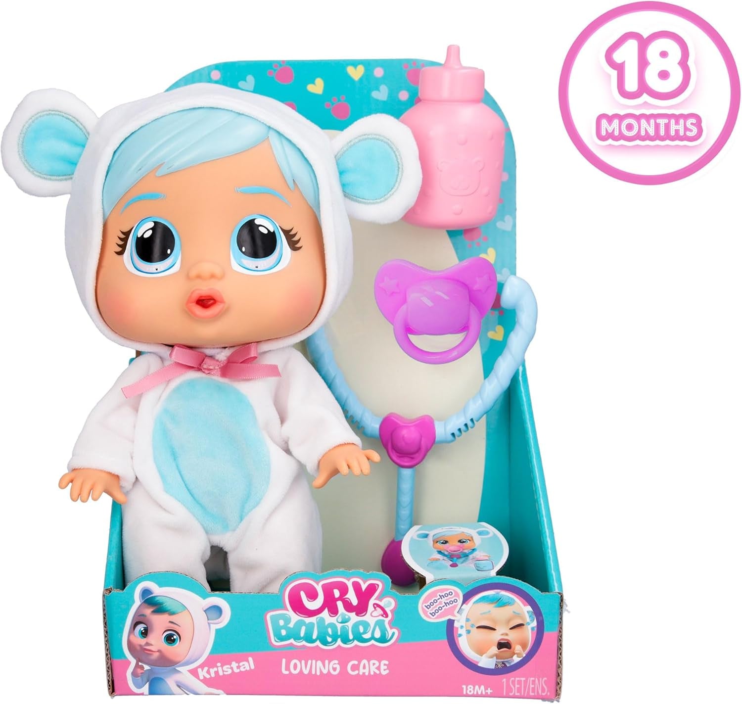 Cry Babies Loving Care Kristal Doll, Kristal Loving Care Baby Doll con 3 accesorios para jugar al doctor, cuidados de enfermería, llorar con lágrimas reales, juguete para bebé de 18 meses