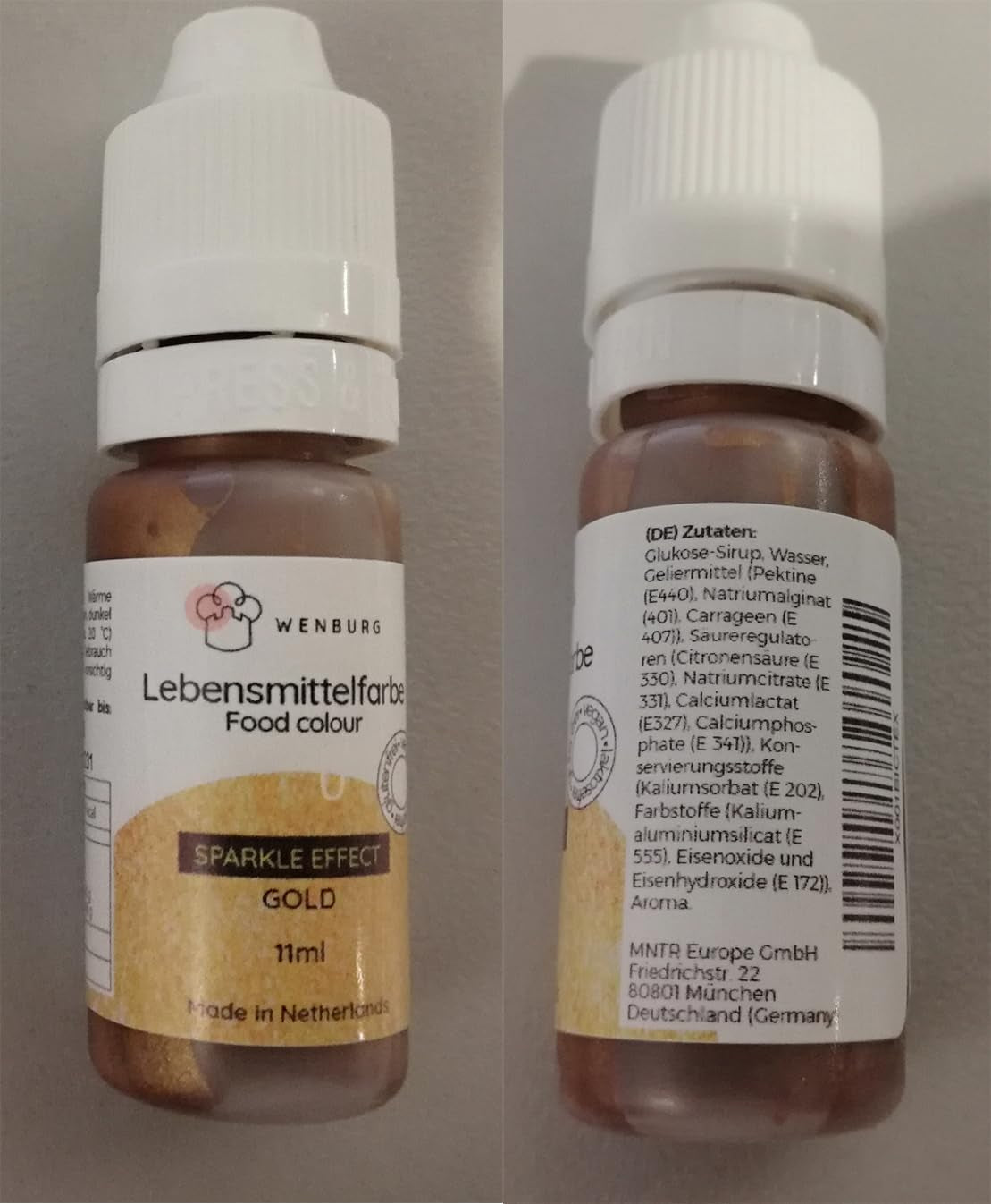 Colorante alimentario Wenburg, purpurina, 11 ml, concentrado, fabricado en la UE, líquido. Para colorear masa, bebidas, sabores, limo - Colorante alimentario con purpurina dorada - Colorante para pasteles dorado - Purpurina dorada