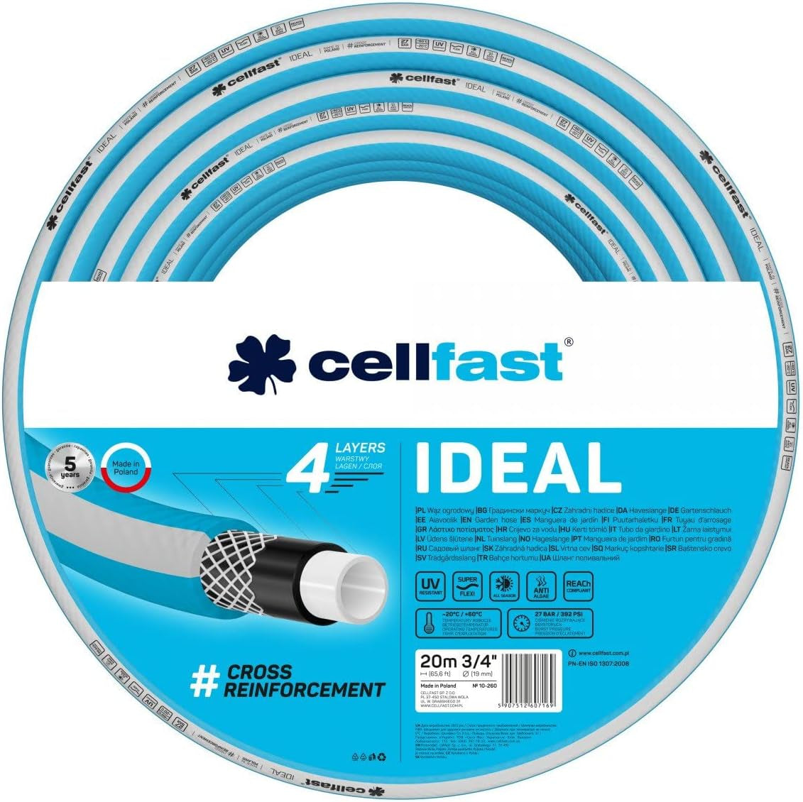 Manguera de jardín Cellfast IDEAL, Duradera, Flexible, 4 capas, Trenza cruzada duradera, Resistente a los rayos UV y a las algas, Tecnología REACH, 27 bar, -20/+60° corta duración 3/4", 20m