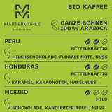 Martermühle set de muestras de café en grano ecológico 3x250g intensidad ligera/media I Arábica I Granos de café ecológico enteros ligeramente tostados, baja acidez (68/74/426)