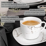 SANGER | Bilgola Juego de vajilla combinada de mármol Juego de vajilla de 36 piezas para 6 con platos llanos, platos de postre, platos de suma, tazones de cereales, platos de café y platillos de porcelana, cuadrado | LA COLECCIÓN PREMIUM