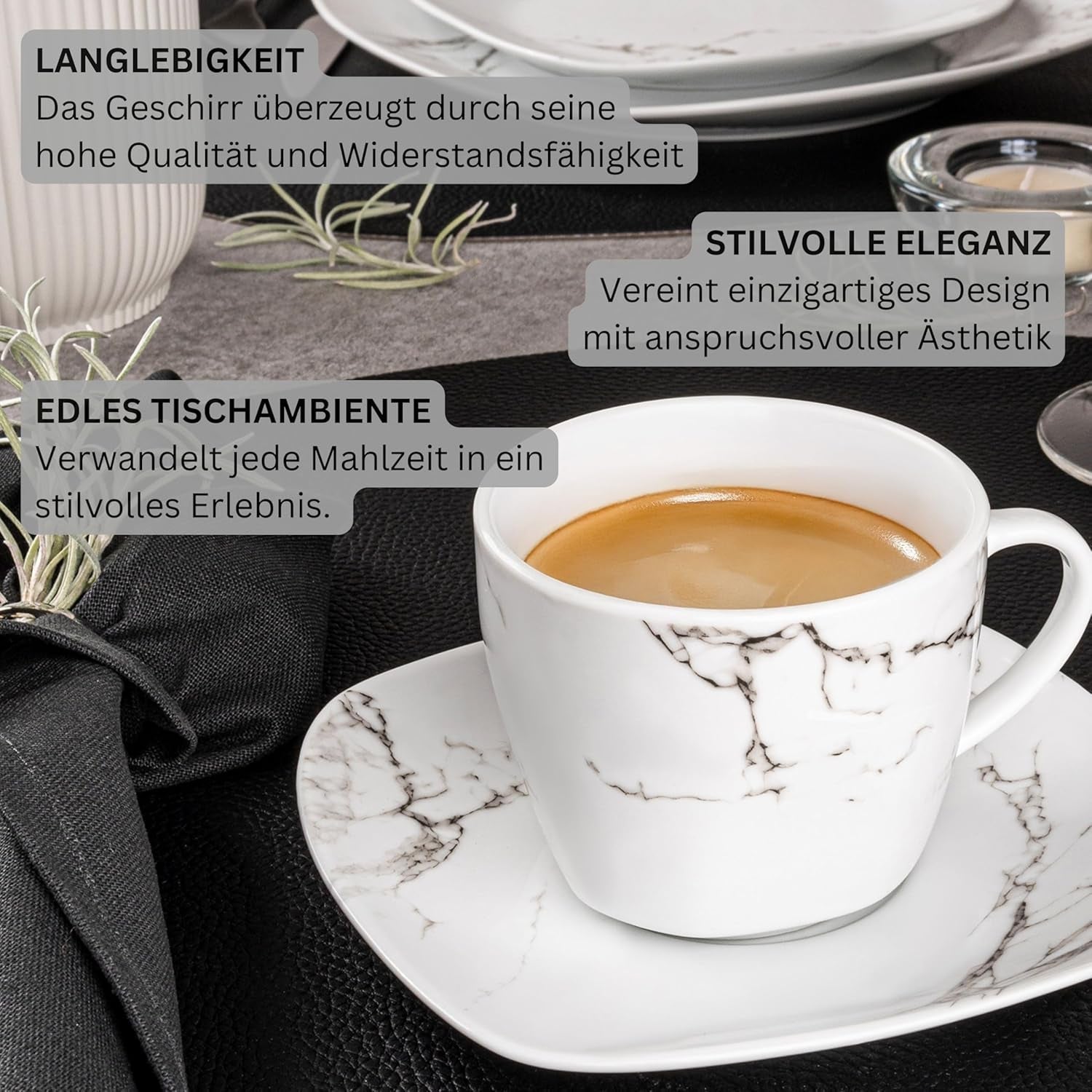 SANGER | Bilgola Juego de vajilla combinada de mármol Juego de vajilla de 36 piezas para 6 con platos llanos, platos de postre, platos de suma, tazones de cereales, platos de café y platillos de porcelana, cuadrado | LA COLECCIÓN PREMIUM