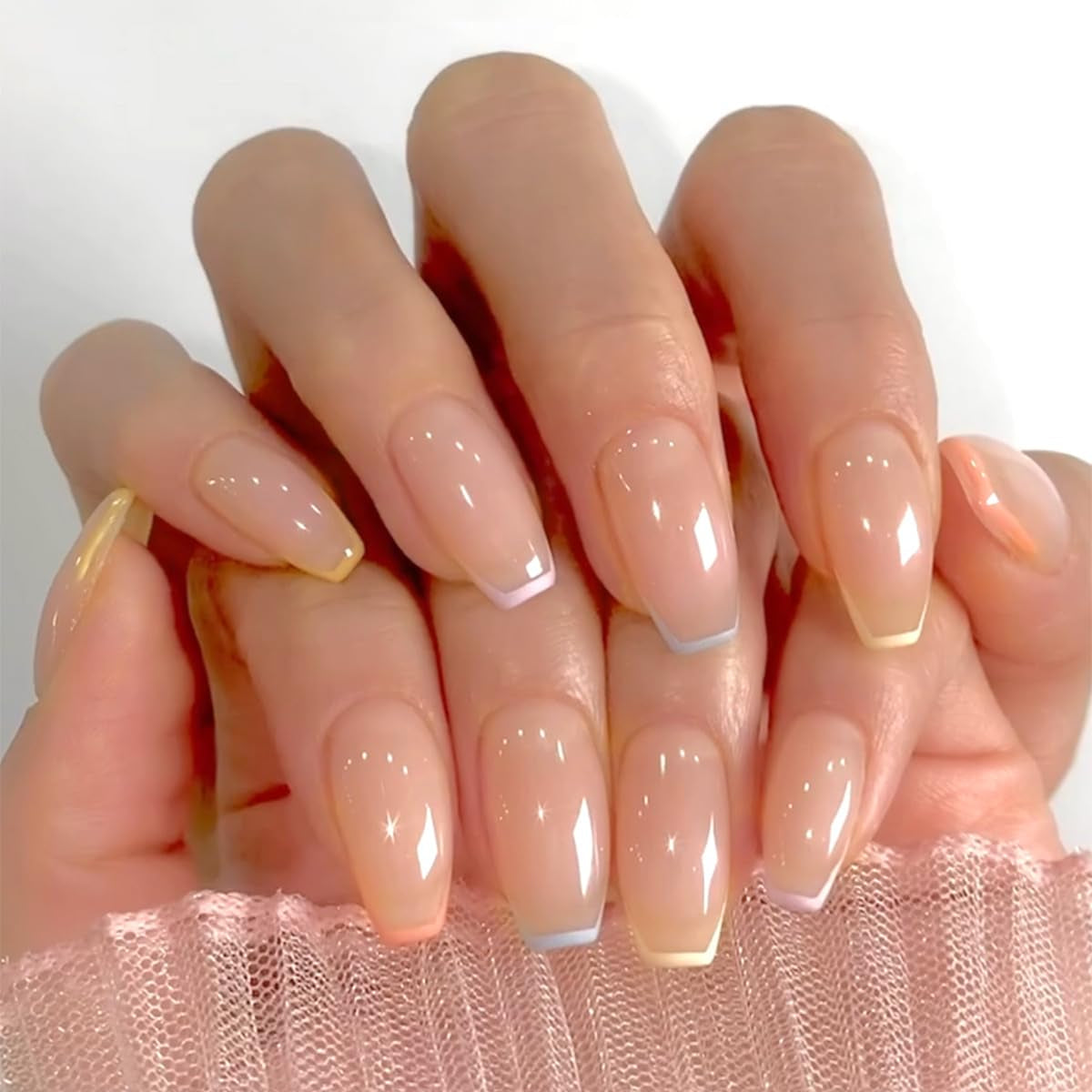 Puntas francesas largas, pegamento con purpurina dorada en uñas cuadradas largas, juego de uñas postizas con punta francesa y purpurina, uñas artificiales cuadradas para mujer, 24 Uds.