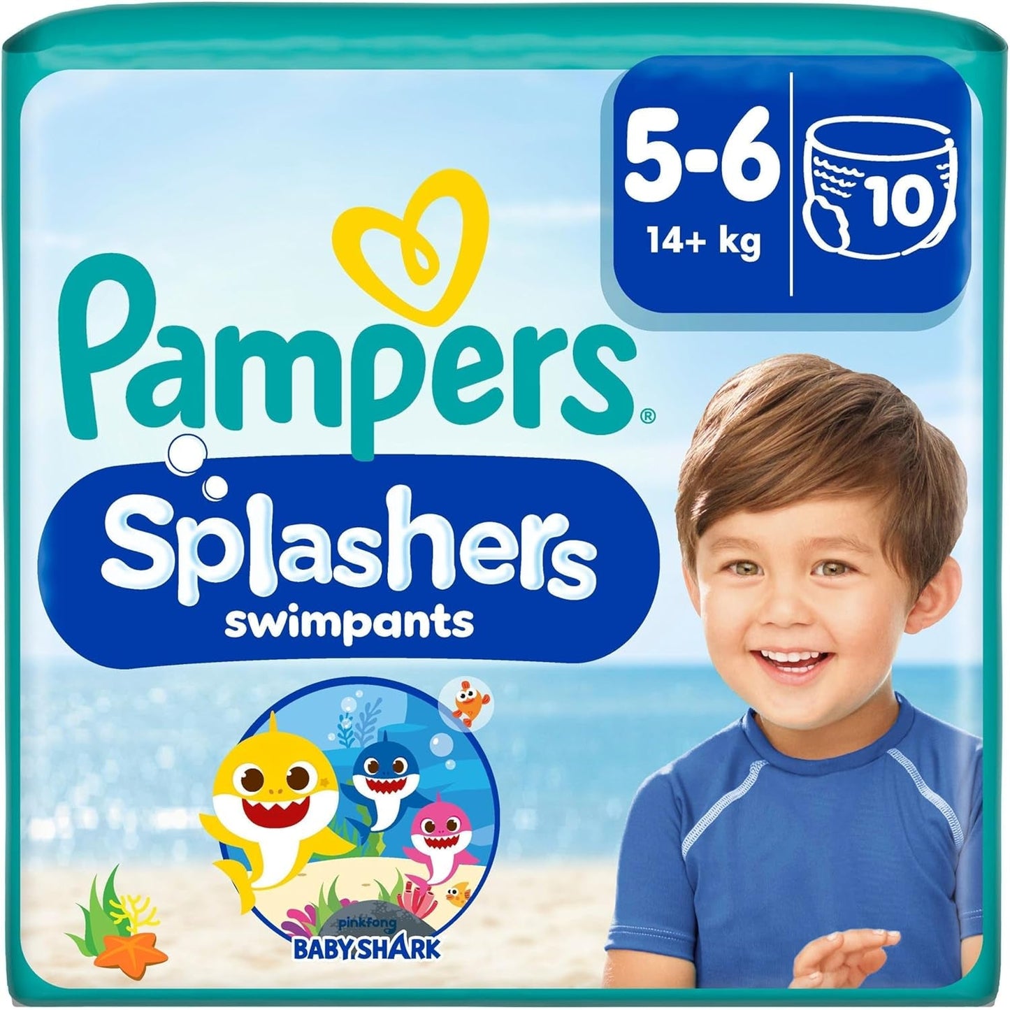 Pampers Tamaño 5-6 Splashers Baby Shark Edición limitada, paquete de 10 pañales desechables para nadar para una protección segura del agua