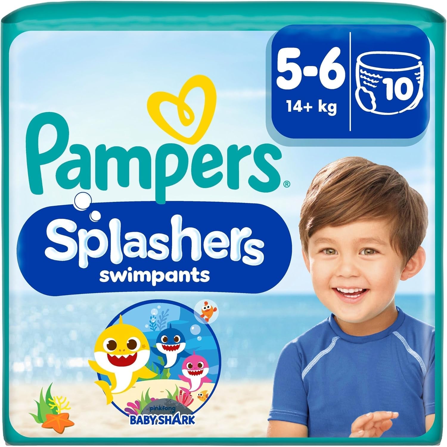 Pampers Tamaño 5-6 Splashers Baby Shark Edición limitada, paquete de 10 pañales desechables para nadar para una protección segura del agua