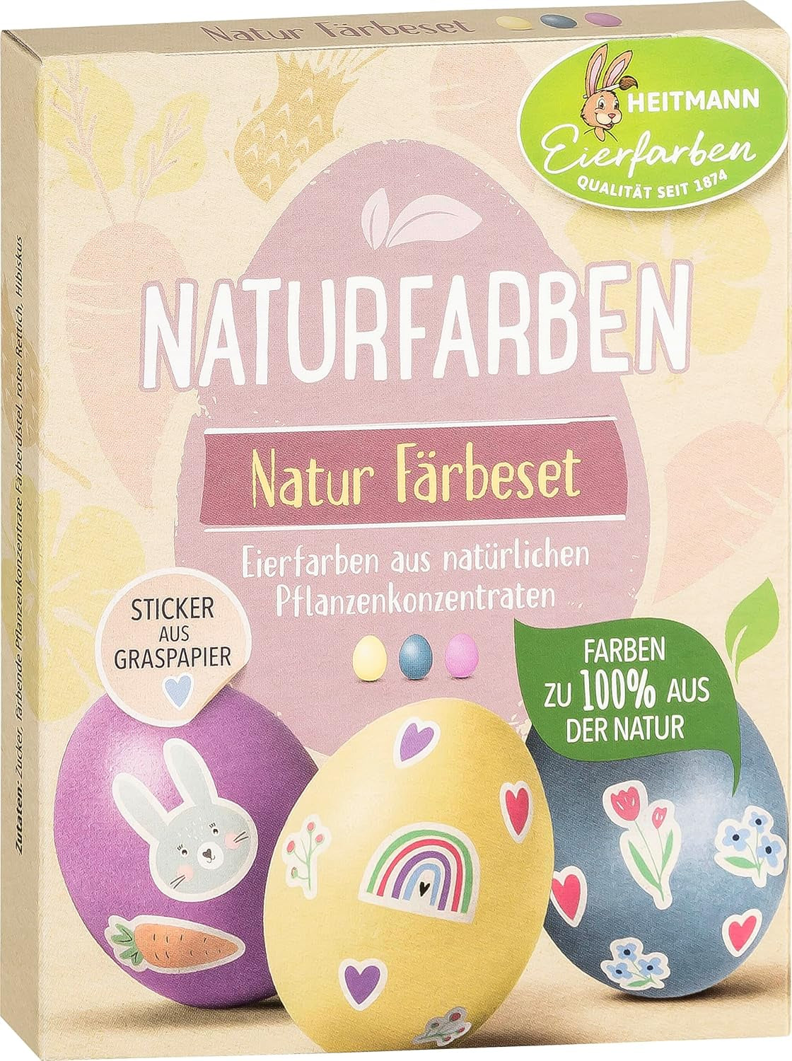 Heitmann Egg Dye Juego de tintes naturales, 3 tintes en polvo para huevos (amarillo, morado, gris azulado), hoja de pegatinas de papel de hierba