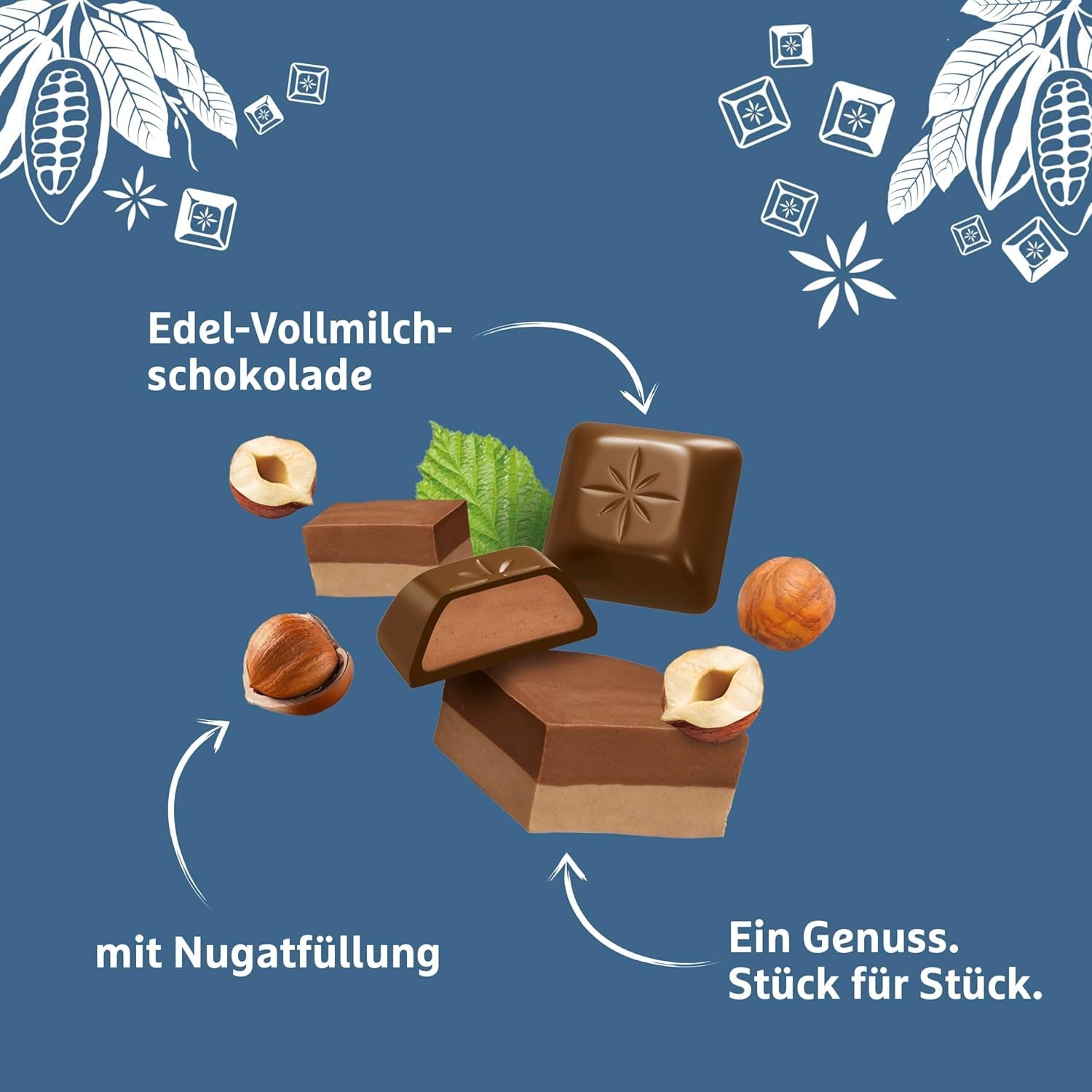 Barra de chocolate Schogetten Nougat 100g, en porciones individuales. Una delicia. Pieza por pieza.