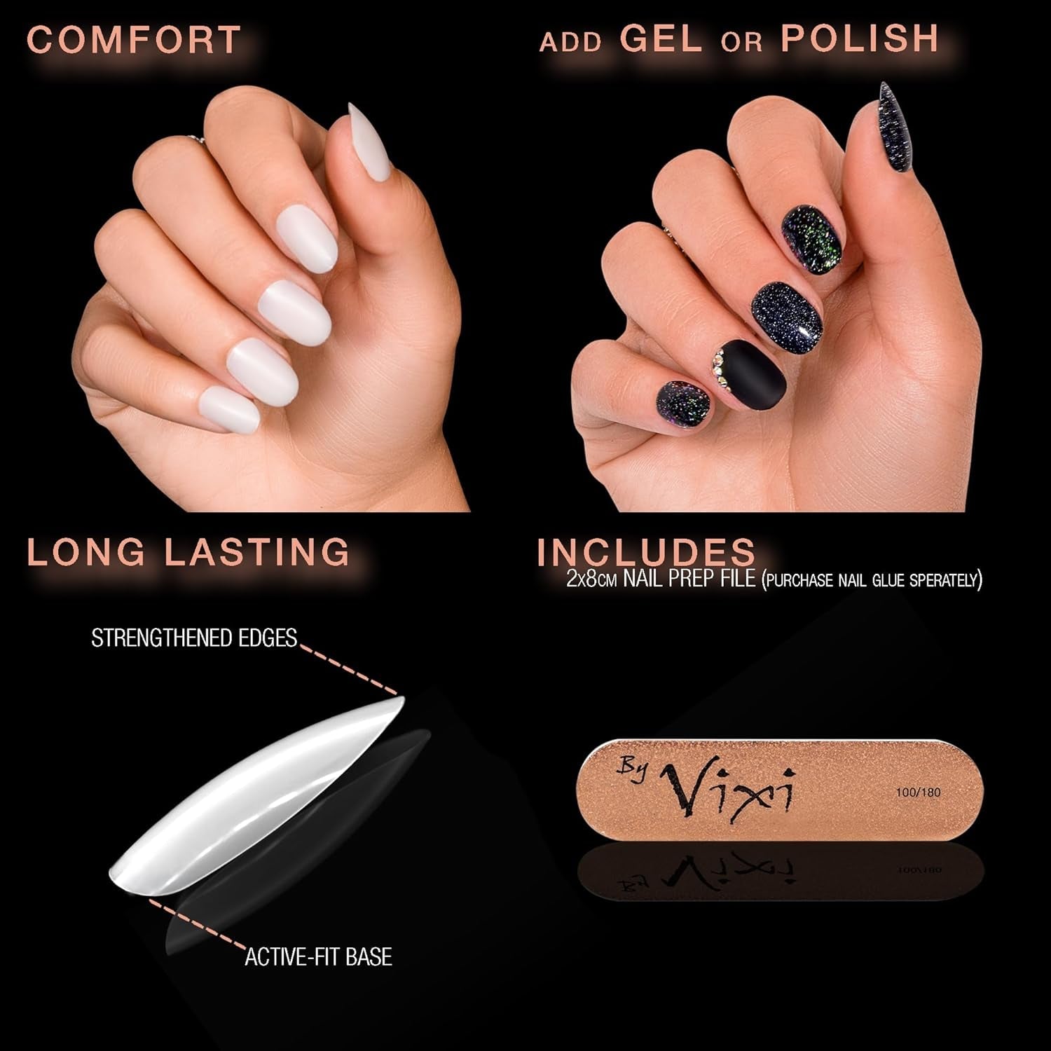 Vixi 600 extensiones de uñas cortas ovaladas con lima de preparación, 10 tamaños, cobertura total, opacas. Para profesionales y uso doméstico.