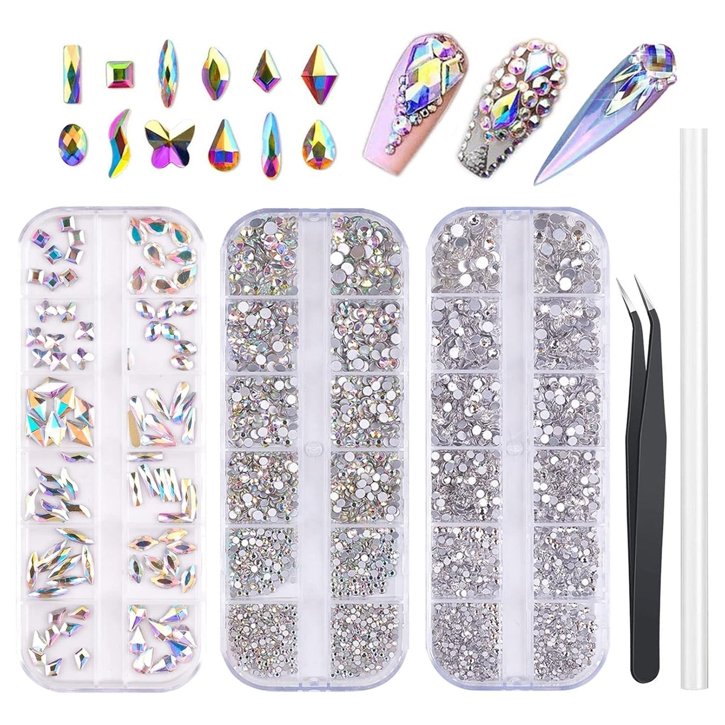 Juego de 3200 piedras para uñas FITDON, piedras AB de vidrio multiforma y piedras AB con purpurina de diamante transparente para decoración de uñas, kits de bricolaje, joyería, llaveros, accesorios para uñas
