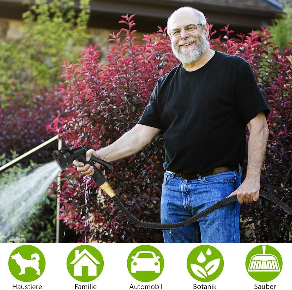 Manguera de jardín extensible flexible de 15 m, manguera de agua flexible con 8 funciones de pulverización, manguera de jardín flexible de 1/2 pulgada a 3/4 pulgada, para riego de jardín, lavado de autos, lavado y riego