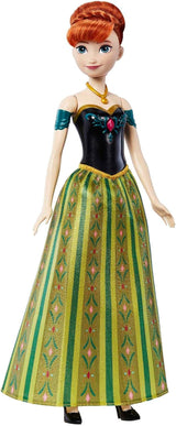 Mattel Disney Frozen Muñeca Anna cantante - Fragmento de canción de 30 segundos, traje clásico de castillo, falda suave desmontable, cabello peinable, para niños a partir de 3 años, versión alemana, HMG41