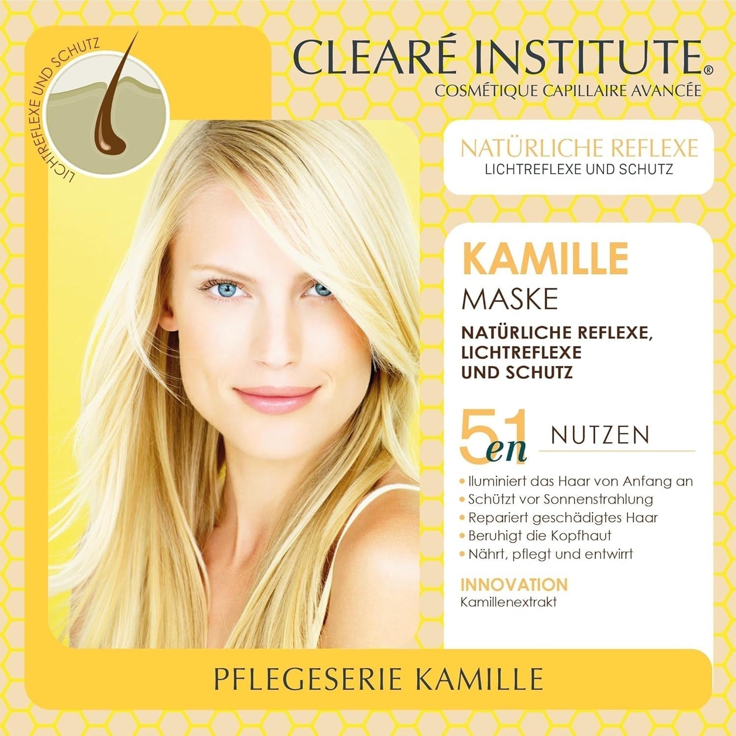 Instituto Clearé | Mascarilla de manzanilla | Nutre, acondiciona y desenreda | Brillo y Brillo Dorado | 97% ingredientes naturales | Calma el cuero cabelludo Con extracto de manzanilla |150 ml Mascarilla capilar Naty Shop