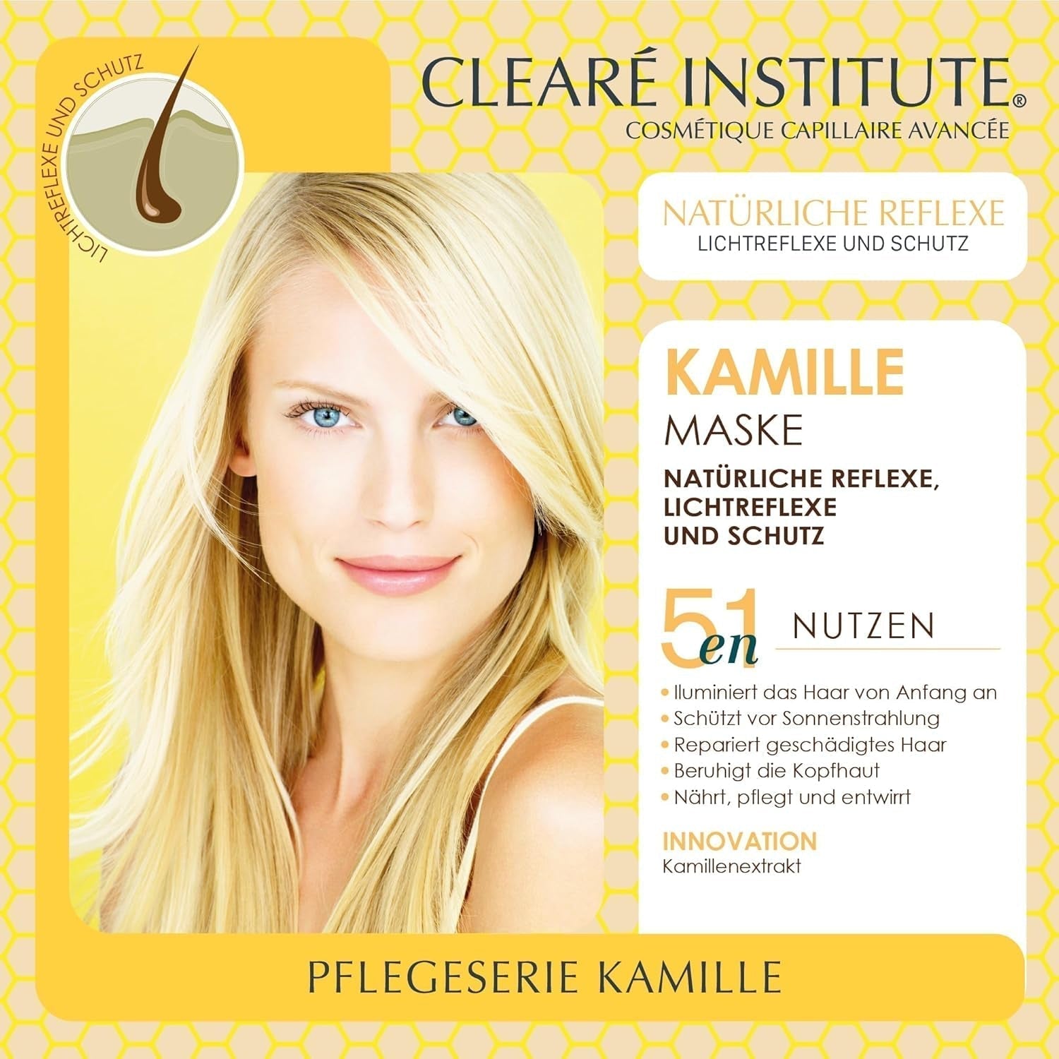 Instituto Clearé | Mascarilla de manzanilla | Nutre, acondiciona y desenreda | Brillo y Brillo Dorado | 97% ingredientes naturales | Calma el cuero cabelludo Con extracto de manzanilla |150 ml Mascarilla capilar Naty Shop