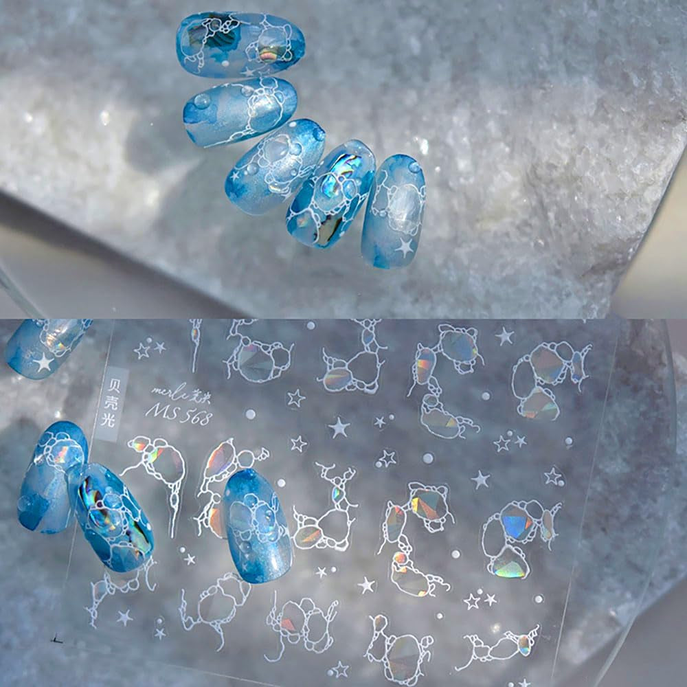 Pegatinas para uñas con purpurina, ondas de agua de verano, arte de uñas estrellado, ondas de agua de mar de fantasía, diseños de uñas, pegatinas para uñas, ondas de agua de mar, accesorios para uñas, arte de uñas