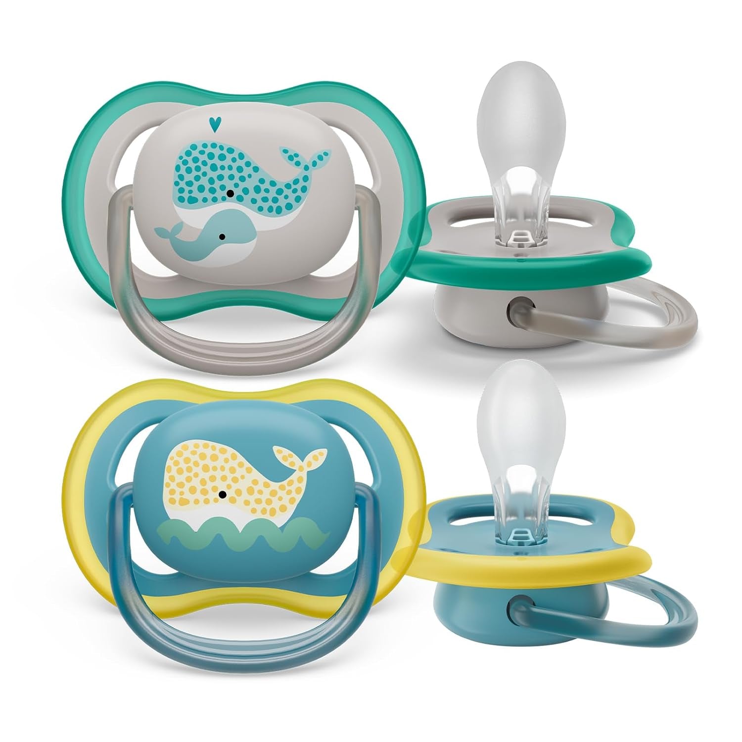 Chupete Philips Avent Ultra Air - juego de 2 chupetes transpirables sin BPA para bebés a partir de 18 meses, incluido estuche de transporte y esterilización, Whale/Whale (Modelo SCF349/24)