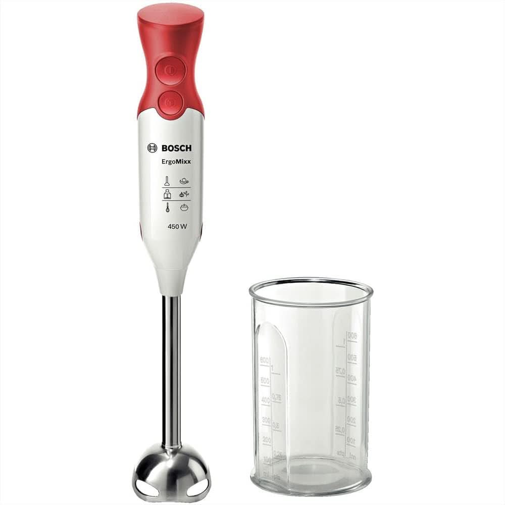 Hausgeräte MSM64110 Batidora de pie ergonómica con Edelstahl-Mixfuß Quattroblade (450 W) Rot, Weiß Kitchen Naty Shop