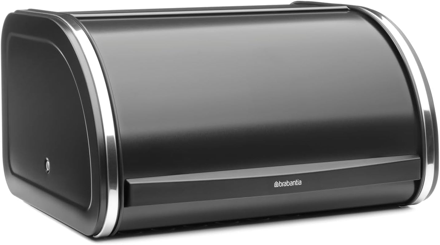 Brabantia Caja de pan para panecillos - Caja de almacenamiento compacta para encimera para pan, bagels y panecillos con tapa plana, acero resistente - tamaño mediano - negro mate Cajas para almacenar alimentos Naty Shop