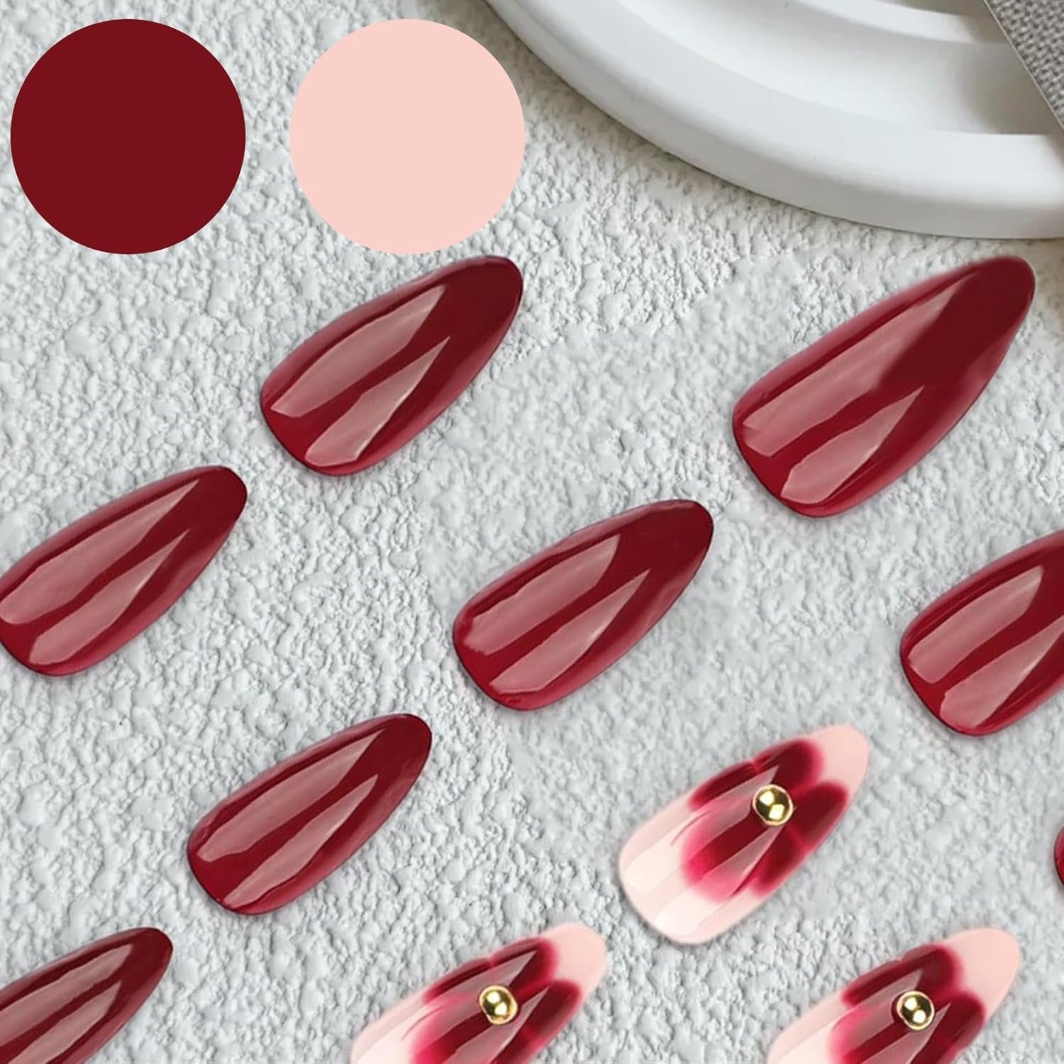 24 flores de color burdeos con armadura de diamantes, prensa en uñas, pegamento en uñas artificiales, juego de puntas de uñas