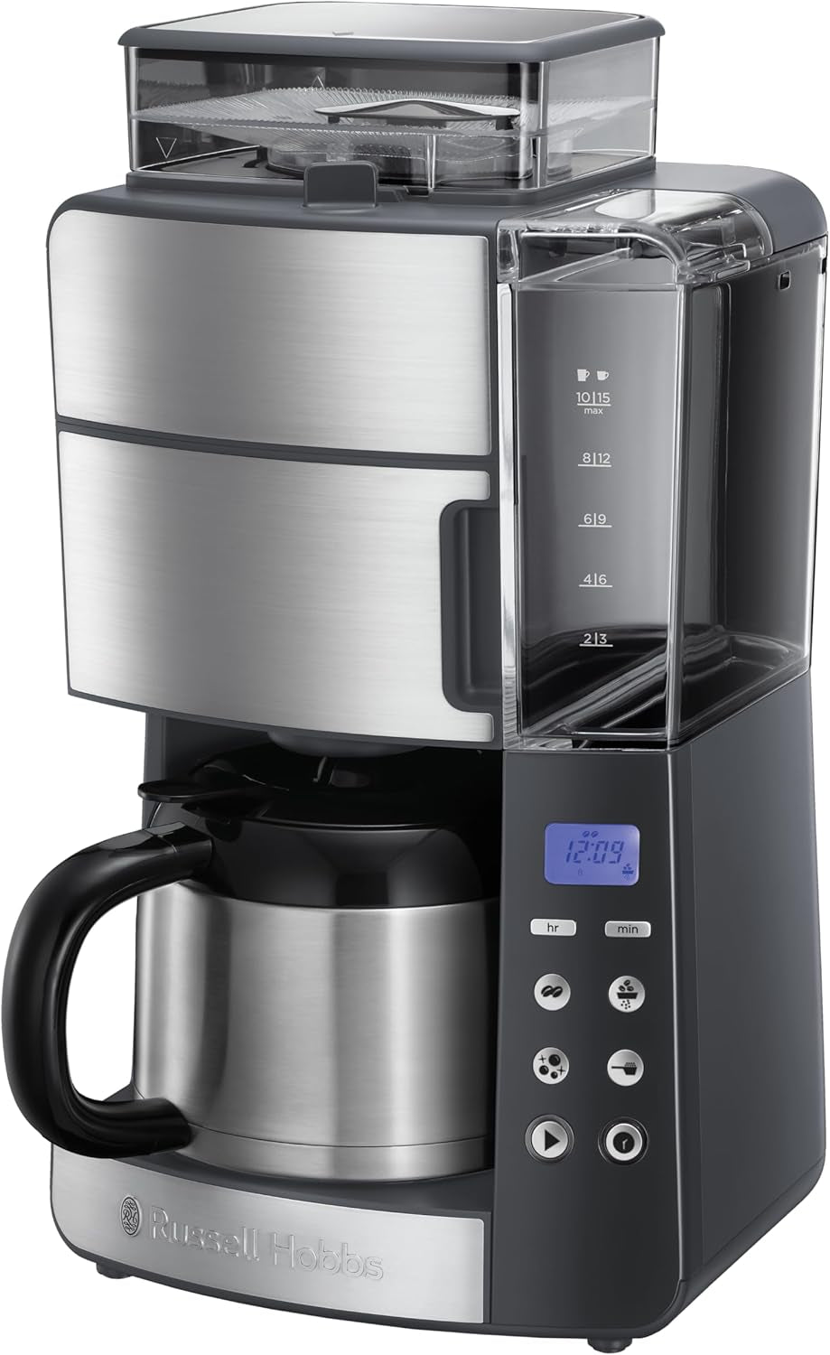 Cafetera Russell Hobbs con Molinillo y Jarra Térmica [Temporizador Digital, Cabezal de Ducha para una Extracción y Aroma Óptimo] Grind&Brew (1-10 Tazas, 3 Configuraciones de Molido) Cafetera de Filtro 25620-56