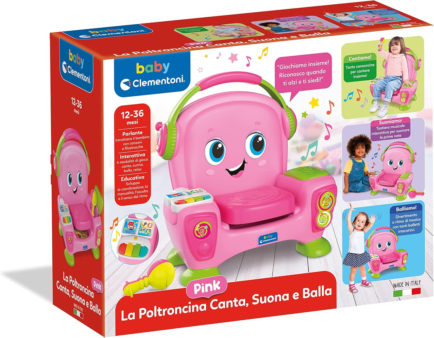 Clementoni 17755 Sillón de canto con sonido y baile rosa - Sillón interactivo y multifuncional para niños en italiano, juguete 1 año - Made in Italy, multicolor Juguetes Bebe Naty Shop