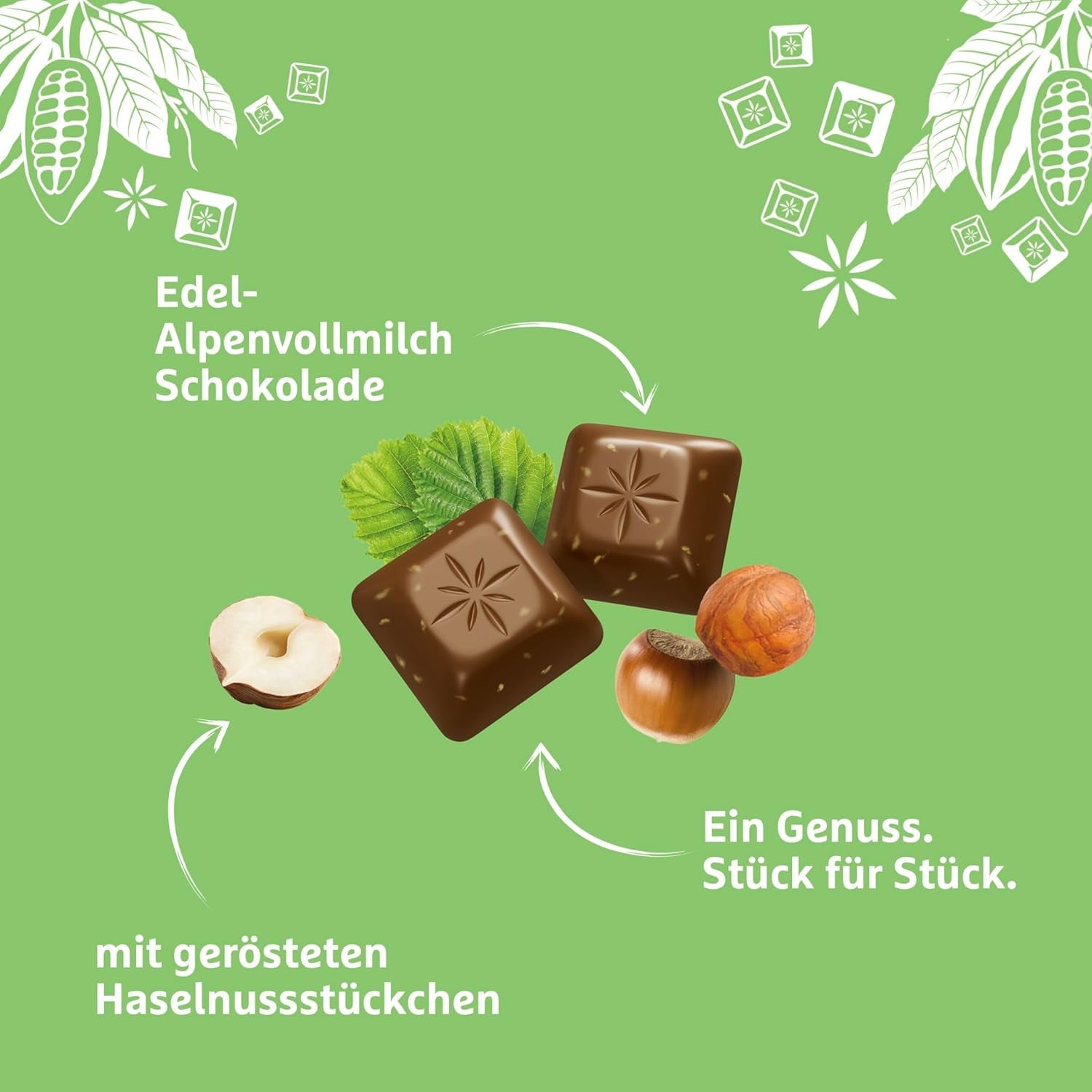 Chocolate con leche alpino Schogetten Premium con avellanas, barra de chocolate de 100 g, en porciones individuales. Una delicia. Pieza por pieza.