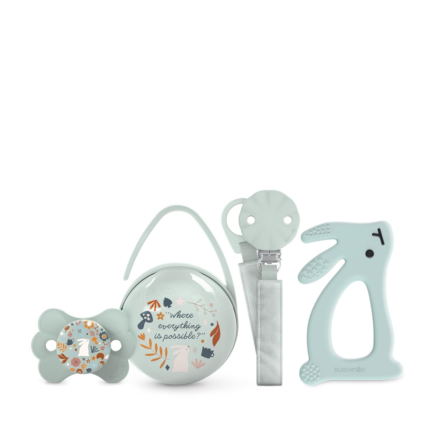 Set de regalo para recién nacido Suavinex. Set de 4 piezas que incluye: Chupete Physiological SX Pro para bebés 0-6 meses + portachupete + funda para chupete Duo + mordedor de silicona. País de las maravillas, beige