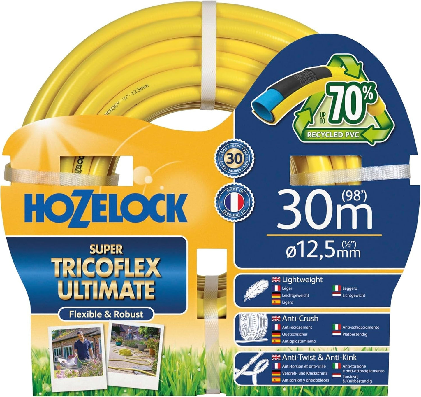 Manguera HOZELOCK - Ultramax 12,5 mm x 30 m, hasta 70 % de PVC reciclado, robusta, resistente a la intemperie, antitorsión, resistente a dobleces y aplastamientos, gris
