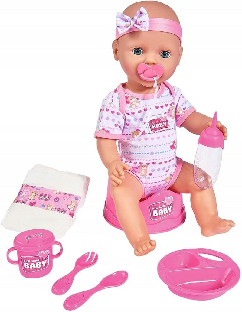 Simba 105039005 - Muñeco Bebé Recién Nacido, A Partir de 3 Años, Muñeco de Juego con Funciones, Puede Beber y Hacer Pis, 8 Piezas, con Muñeco y Accesorios
