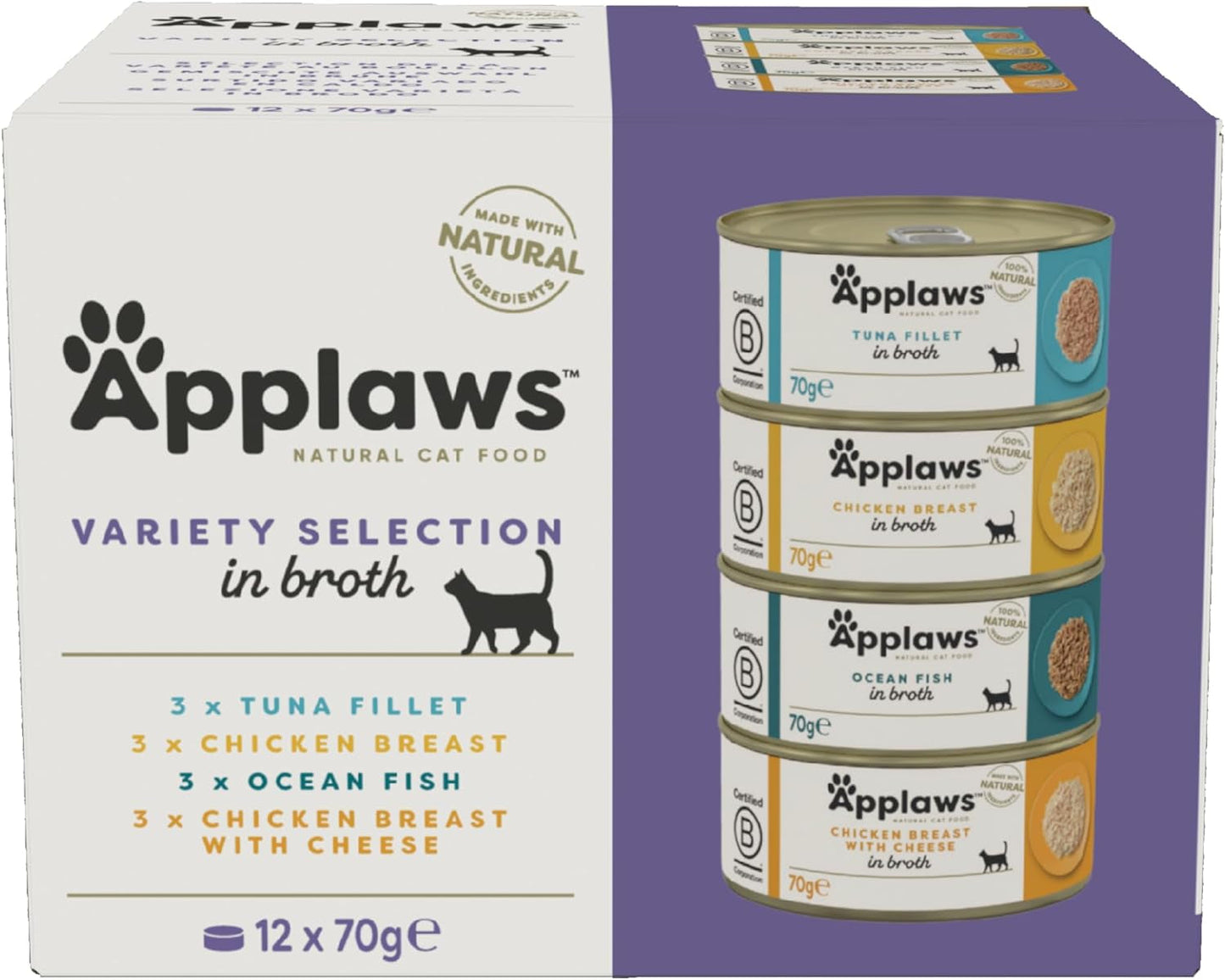 Applaws Comida Húmeda Premium 100% Natural para Gatos Adultos en Caldo - Atún, Pollo, Marisco, Selección Mixta en Caldo - Paquete de 12 Latas x 70g
