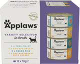 Applaws Comida Húmeda Premium 100% Natural para Gatos Adultos en Caldo - Atún, Pollo, Marisco, Selección Mixta en Caldo - Paquete de 12 Latas x 70g