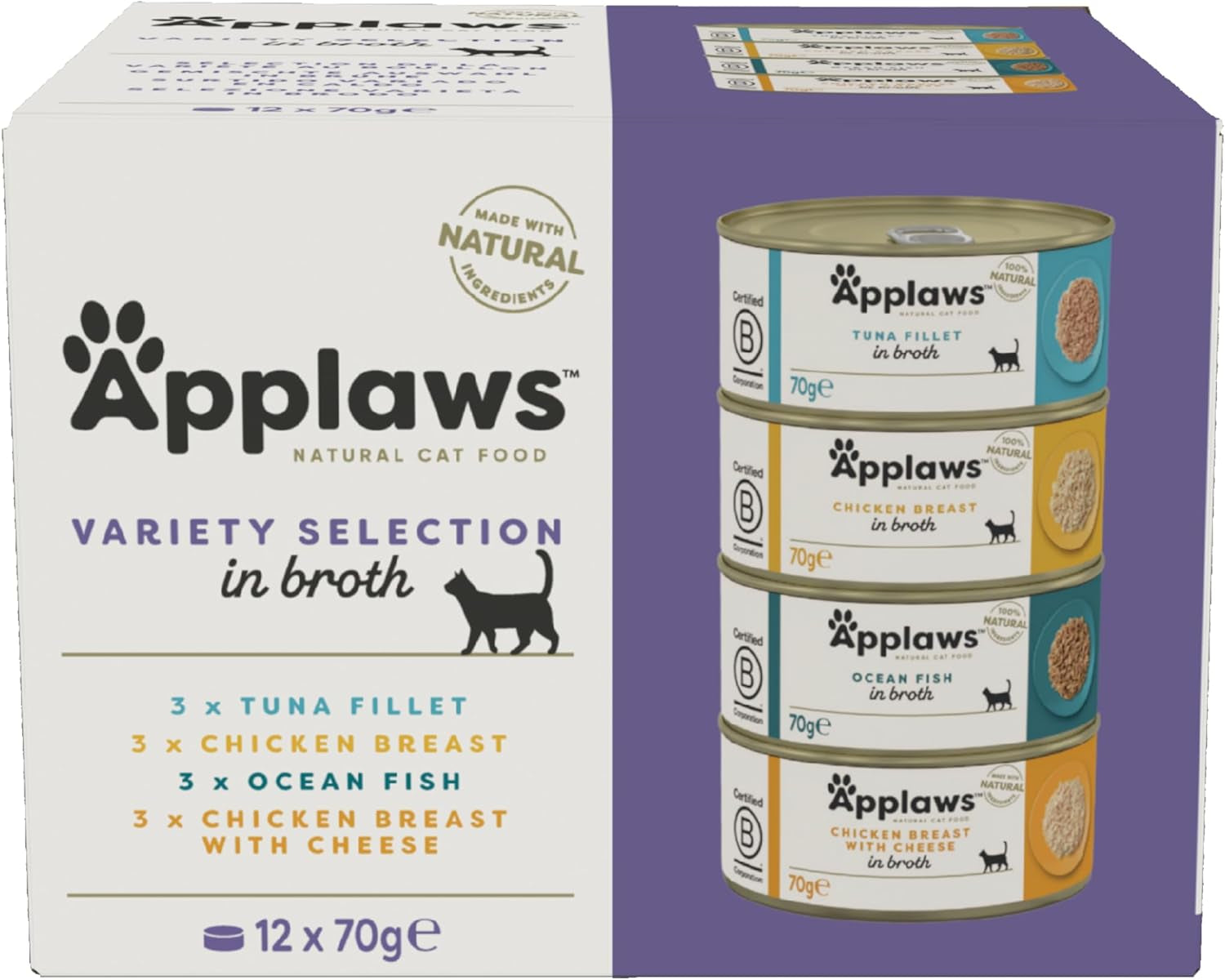 Applaws Comida Húmeda Premium 100% Natural para Gatos Adultos en Caldo - Atún, Pollo, Marisco, Selección Mixta en Caldo - Paquete de 12 Latas x 70g