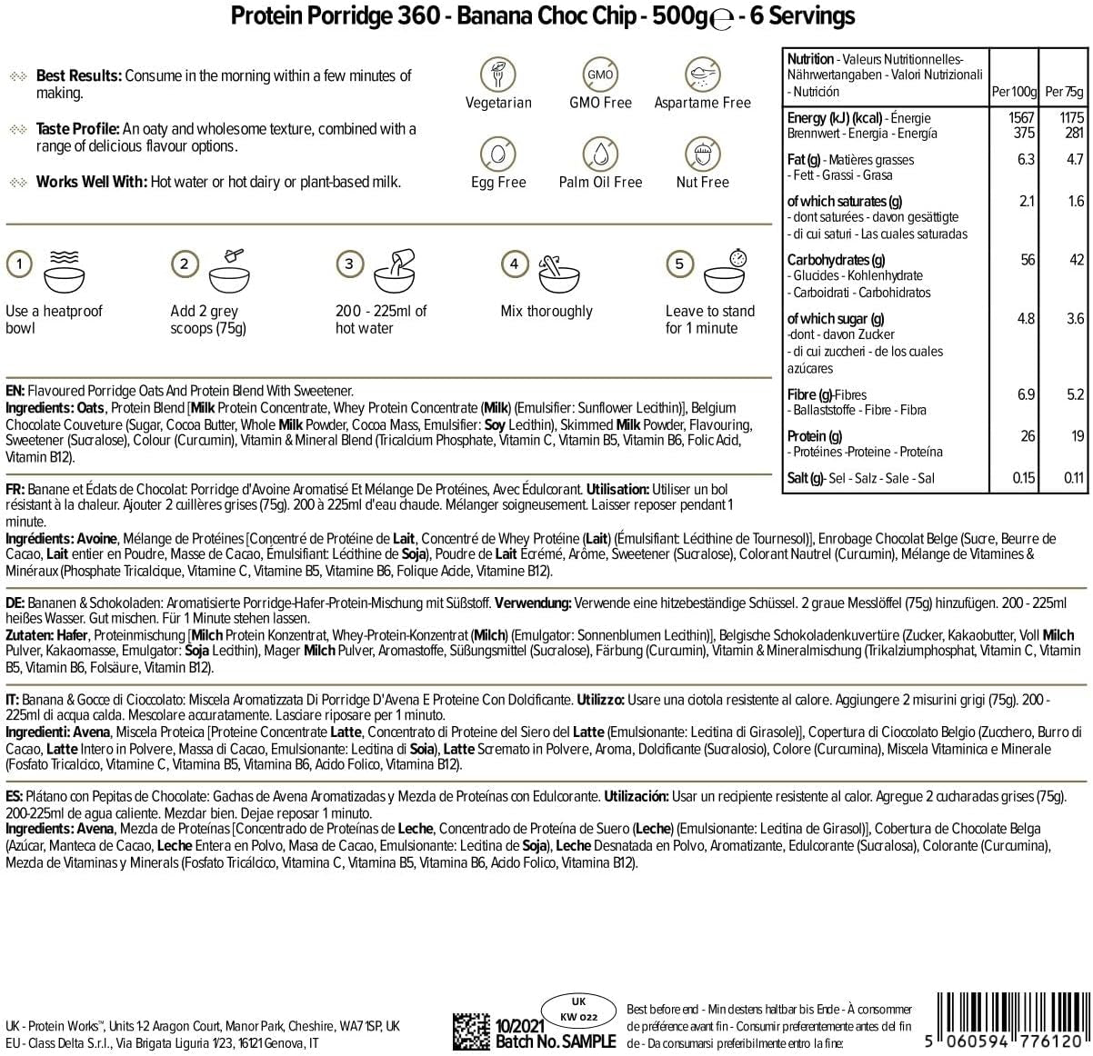 Protein Works - Gachas proteicas 360 | Mito Vitaminas y minerales adicionales | Proteinreiches Frühstück | Kalorienarme Haferflocken | 6 porciones | Chips de chocolate y plátano | Cereal 500G Naty Tienda
