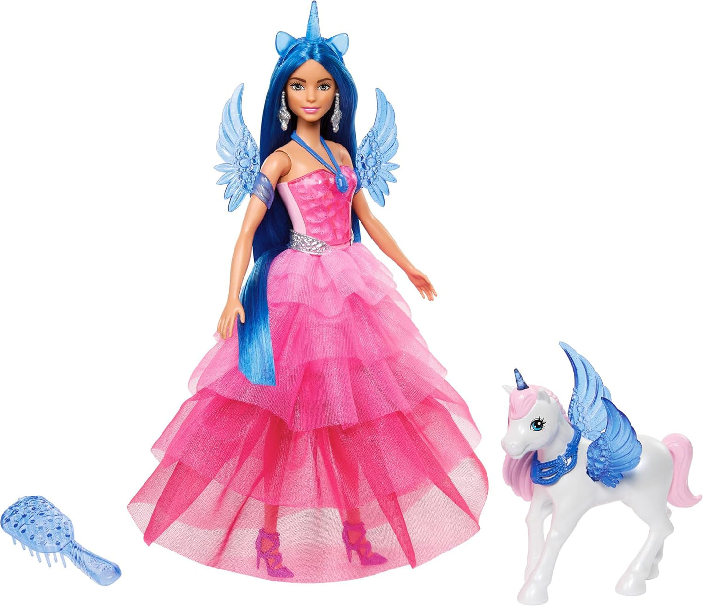 Barbie Hidden Magic - Muñeca Unicornio, Vestido Rosa con Detalles Azul Zafiro, Diadema de Unicornio, Alas y Cola de Zafiro Desmontables, Edades de 3 años en adelante, HRR16