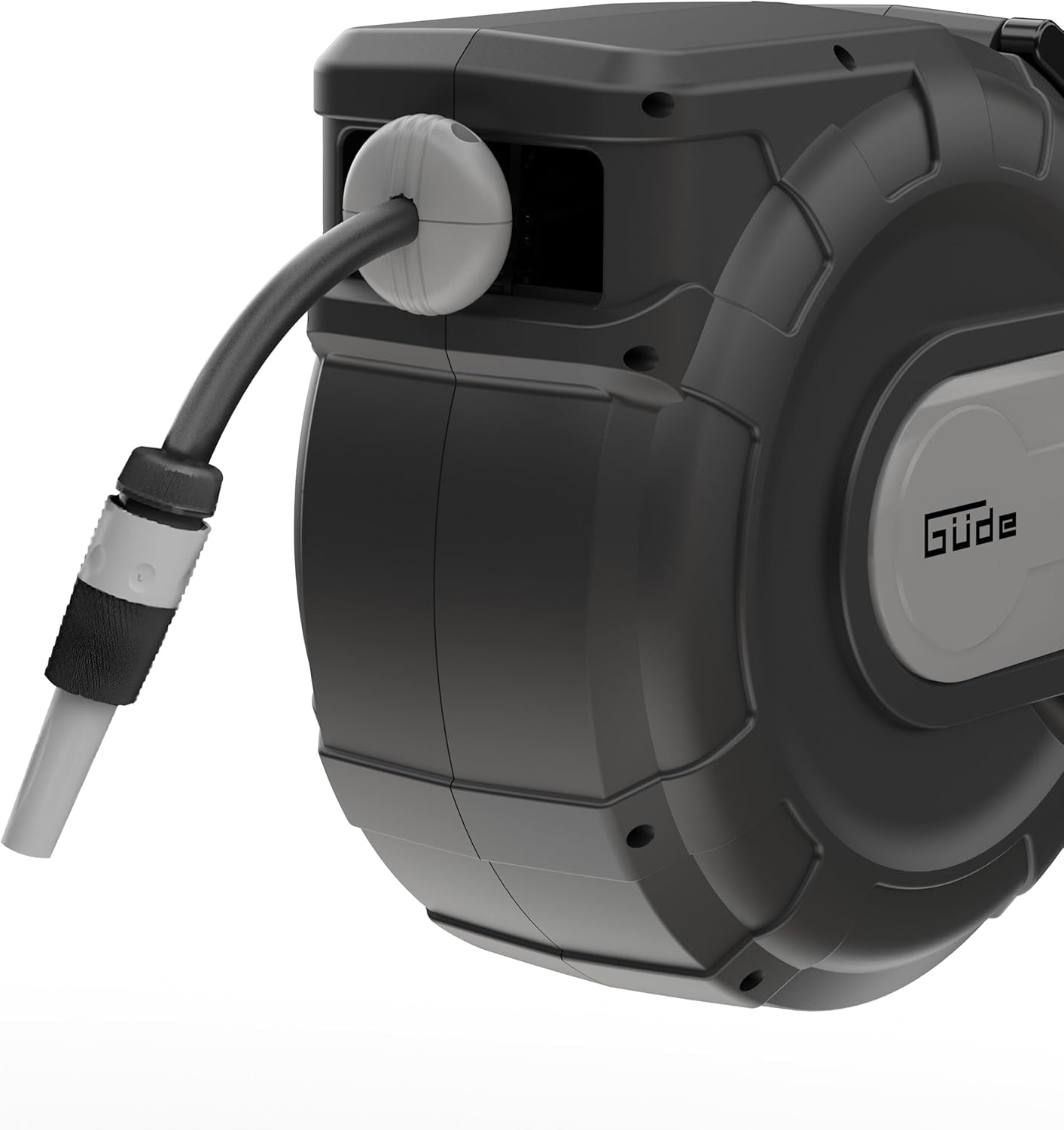 Enrollador de manguera automático Güde 30-2-2 1/2 (rotación 180°, para montaje en pared, manguera de 30 m, rociador de agua, soporte de pared, retracción automática, tope de retracción, asa de transporte, 2 enchufes rápidos)