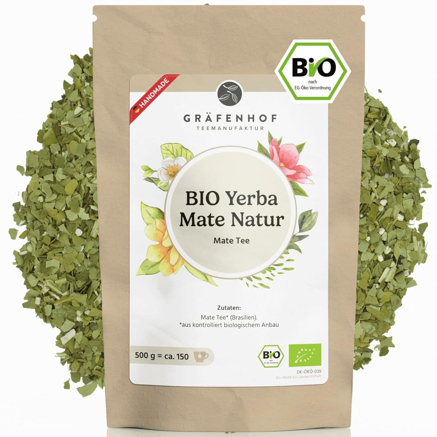 Té de yerba mate orgánico El original 1 kg de té de mate suelto alto en cafeína Sin tostar Hojas de mate secadas al aire probadas en laboratorio Envasadas en Alemania Calidad premium Gräfenhof