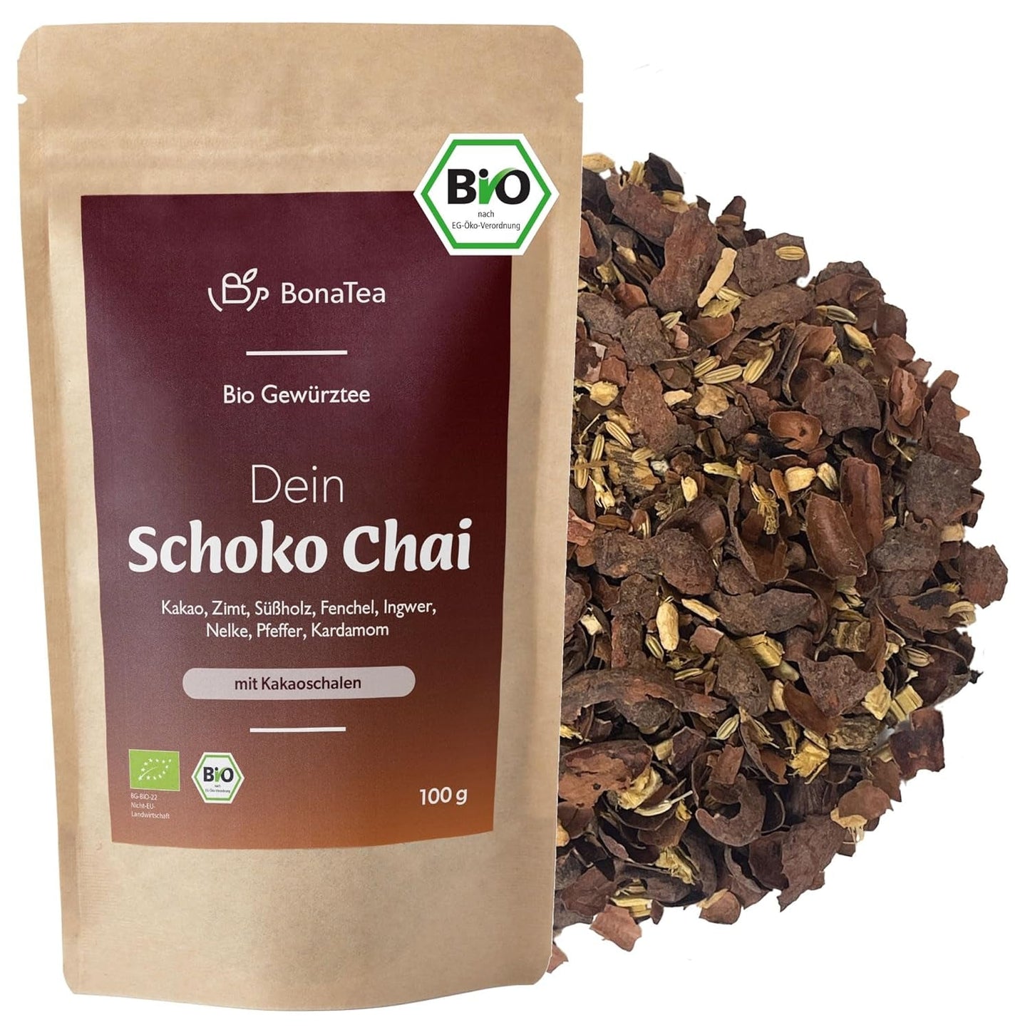 Té especiado BIO Schoko Chai sin azúcar, con vainas de cacao, canela, regaliz y otras especias aromáticas Chai, 100 g