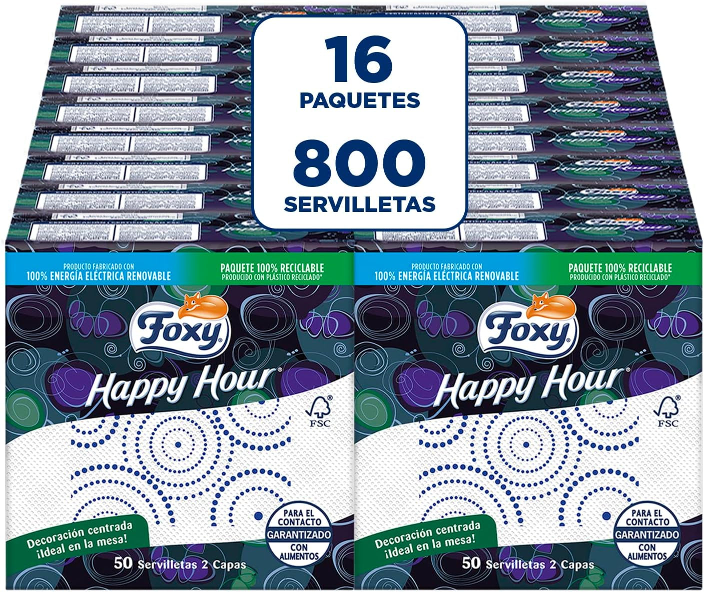 Hora feliz | Toallitas de doble capa | 16 paquetes À 50 piezas À 33 X 33 Cm | Certificado FSC | Electricidad 100% renovable | Envases reciclables fabricados con plástico reciclado.