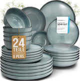 Steingut Geschirrset 6 Personen Rústico 24 tlg. TESTSIEGER, Hochwertiges Landhaussttil Steingut Geschirr Set, Schüssel- und Teller Set, Tafelservice 6 Personen, Geschirrsets Pure Living in Rauchblau