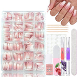 Juego de 360 ​​uñas postizas de bailarina degradada, uñas artificiales degradadas de color rosa y blanco con 2 bolígrafos de aceite de uñas, uñas postizas medianas Ombre para mujeres DIY