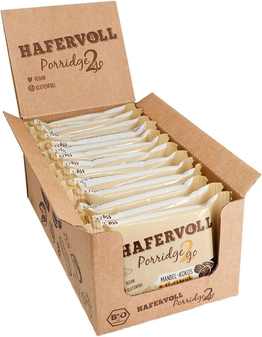 Hafervoll Porridge2go Mantequilla de maní y nueces, 13 barras x 55 g - Snack vegano, orgánico, sin gluten, sin azúcares añadidos, con avena, dátiles y caramelo de quinua