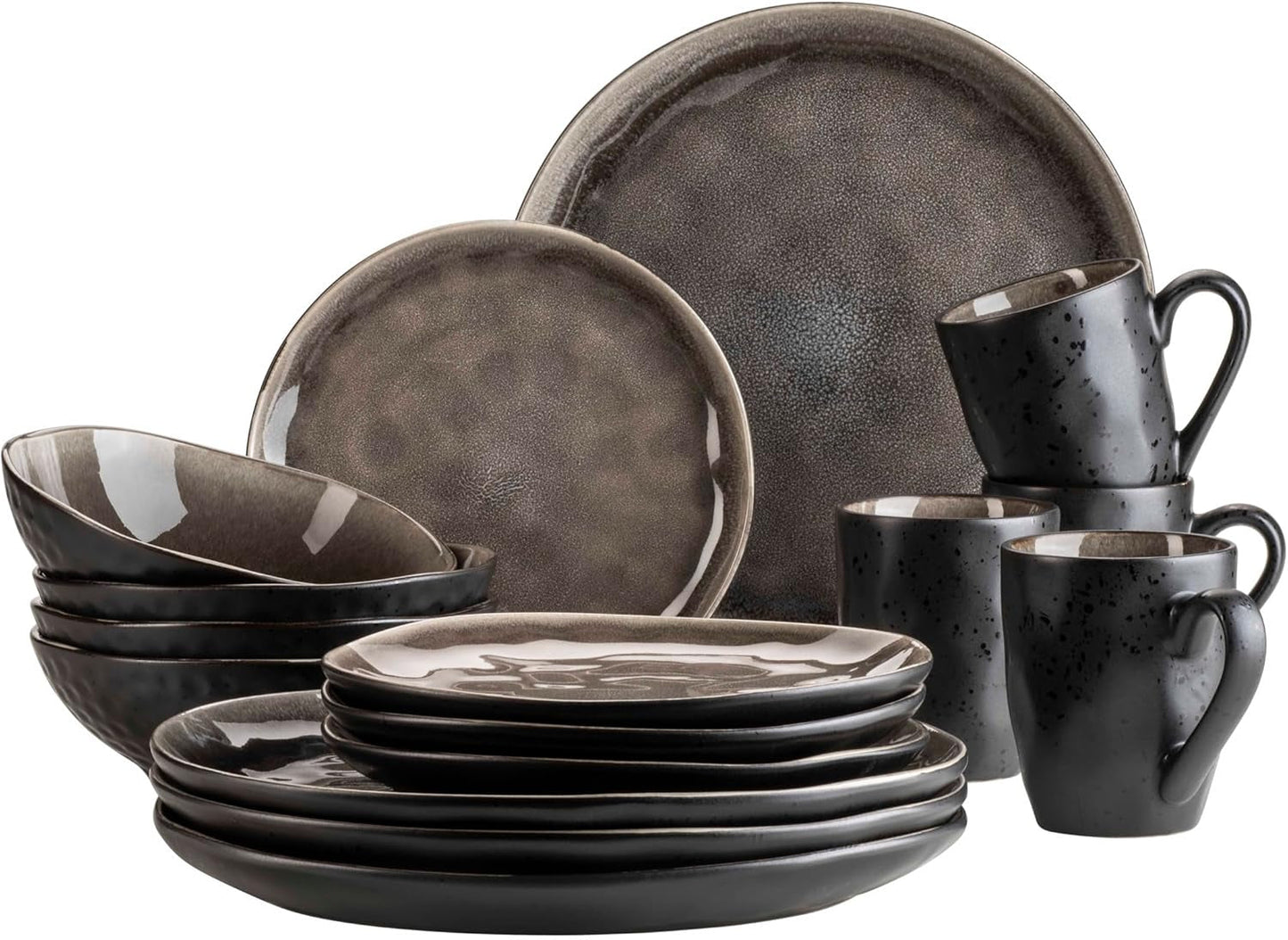 MÄSER 934073 Niara Organic Series Vajilla moderna para 4 personas con un atractivo aspecto vintage, servicio combinado de 16 piezas con una combinación especial de esmalte negro y marrón, gres